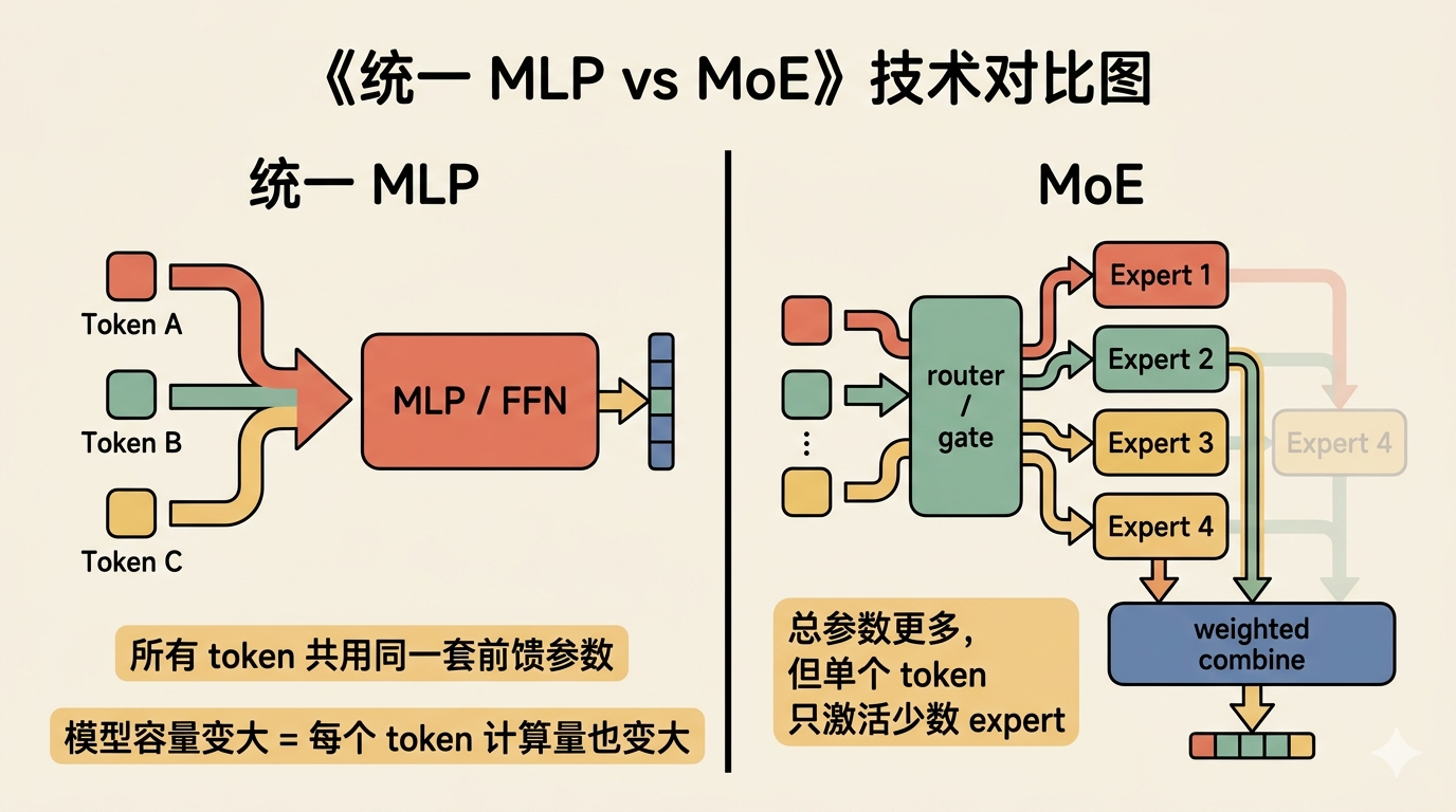 统一 MLP 与 MoE 的结构对比