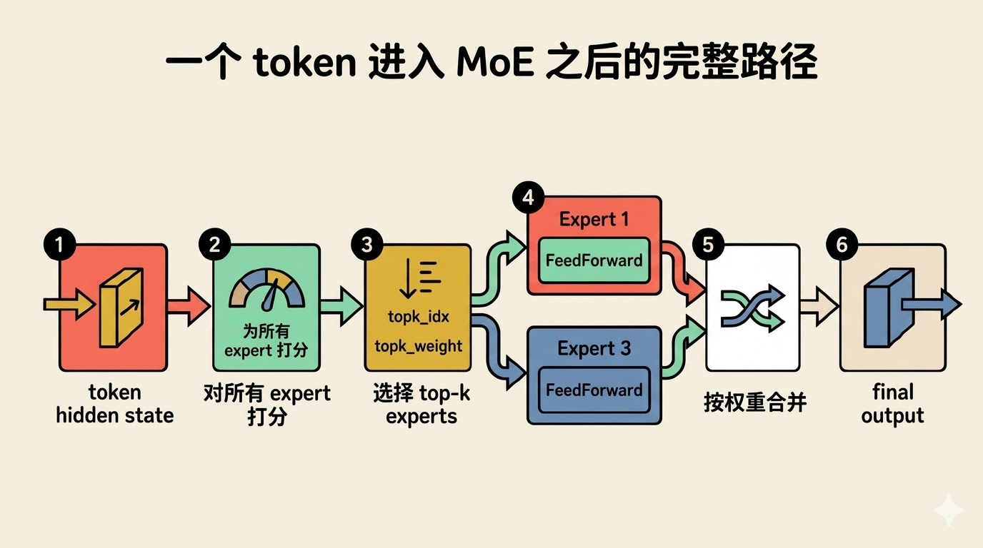 一个 token 进入 MoE 之后的完整路径
