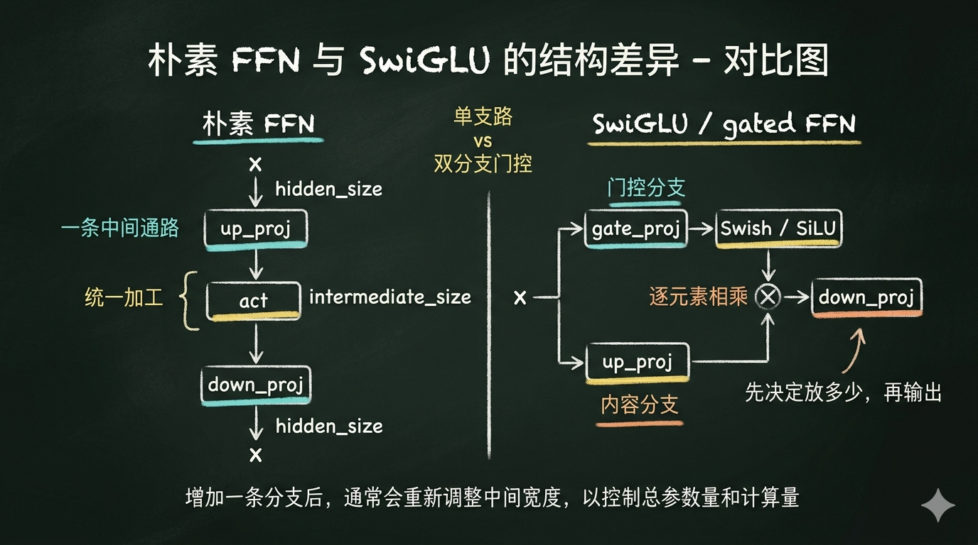 朴素 FFN 与 SwiGLU 的结构差异